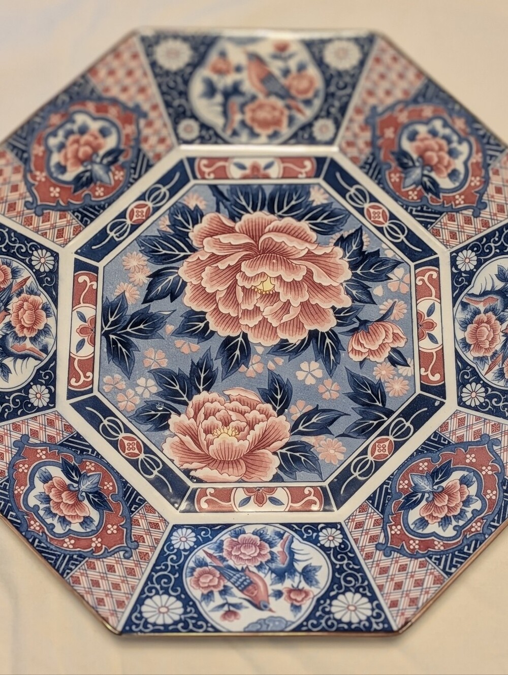 Imari Style Floral Peony Birds Toyo Japan Octagonal Porcelain Plate